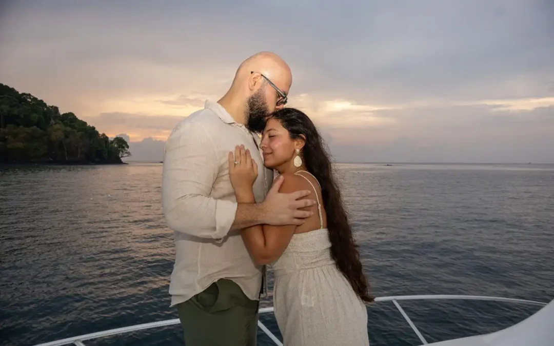 A private celebration set up on the deck of the Vuelto Loco at sunset